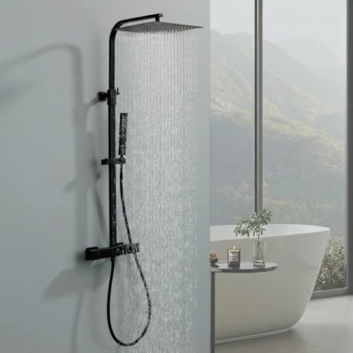 HOMELODY Duscharmatur Komplettset Schwarz Matt, 30X30cm Edelstahl Duschset
