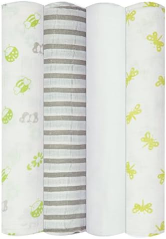 Babykin Organic Cotton Muslin Swaddle Blankets, Bug's Life (Lime), 4 Piece Pack
