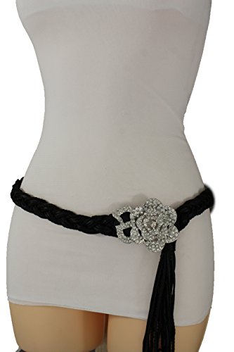 TFJ Women Fashion Belt Hip Waist Black Band Silver Metal Flower Buckle XS S M