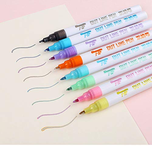 8 Colors/Set Double Line Pen Fluorescent Glitter Marker Pen Outline Pen Stationery for Card Making, Birthday Greeting, Scrap Booking, Painting, DIY Art Crafts - Thumbnail 4