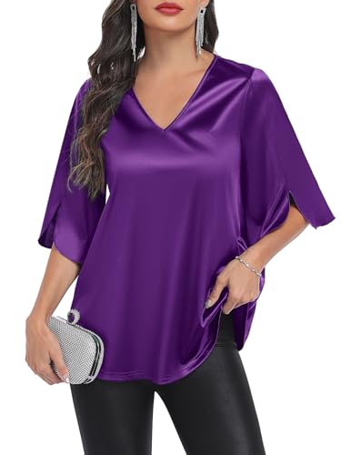 Qnursma Women’s Stretch Satin Blouses for Women Dressy Casual Elegant V Neck Tops for Women 3/4 Sleeve Flowy A-Line Silky Shirt for Wedding Guest Evening Party Outfits Church Work Clothes Purple at Amazon
