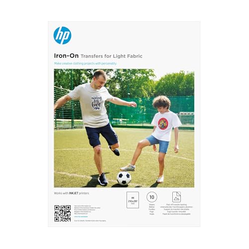 HP Iron-on Transferts, Papier Thermocollant pour Tissus Clairs, 10 Feuilles A4, pour T-shirts, Sacs et Coton, Impression Jet d’Encre, Personnalisation Durable et Créative, Blanc