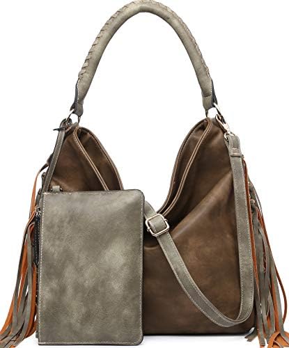 Shomico Womens Shoulder bag Hobo Purse Crossbody Fringe Bags for Ladies Taupe Green Brown Large
