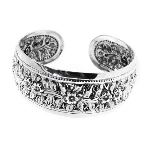 Treasure Bay Womens Silver Bangle with Floral Pattern, Silver Cuff for Ladies, Solid 925 Sterling Silver Bangle for Women