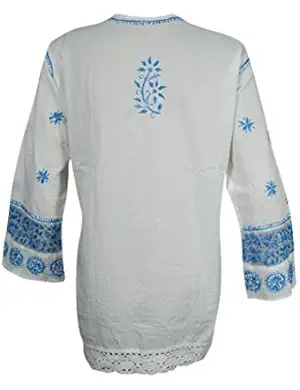 Mogul Womens Handmade Tunic Dress Cotton White Blue Chikankari Embroidered Shirt Blouse