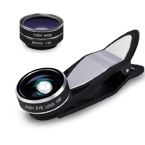 Camera Lens, LIANSING Magnetic Camera Phone Lens kit 3 in 1 Universal 198° Fisheye Camera lens+ 0.63X Wide Angle Camera lens+ 15X Macro Camera lens for iPhone lens,Samsung and Other Smart Phone Silver