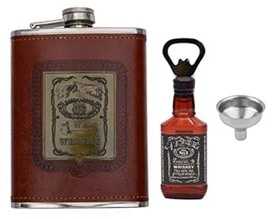 Store2508 Hip Flask With Funnel & Whiskey Bottle Shaped Bottle Opener. Stainless Steel With PU Leather Cladding 8 Oz (236 ml).