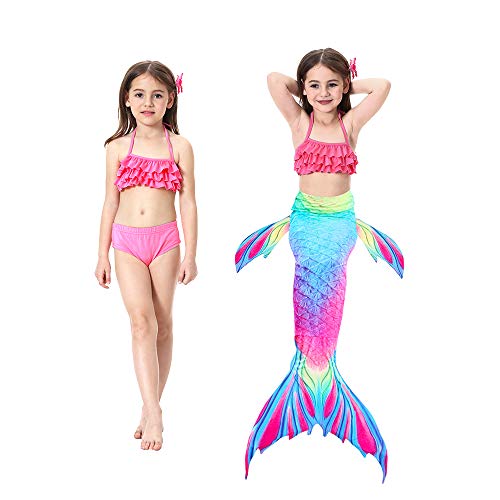 Danvren 3Pcs Mermaid Tails for Girls Swimming Swimsuit Party Supplies Costume Swimwear Bikini for 3-12Y (Colored Pudding Design, Child XL Height 51-54in (8-10Y))