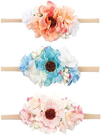 Baby Girl Floral Nylon Headband Elastic Hair Band Bows Flower Wraps For Newborn Infant Toddler Pack of 3
