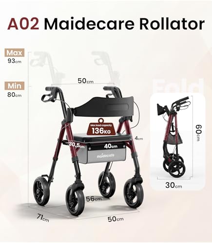 Rollator Walker with Seat and Wheels for Elderly, 4 Wheels Rollators for Seniors and Disabled, Walking Aid Foldable with Brake, Adjustable Handles and Seat Height, 8" All-Terrain Wheels, Red
