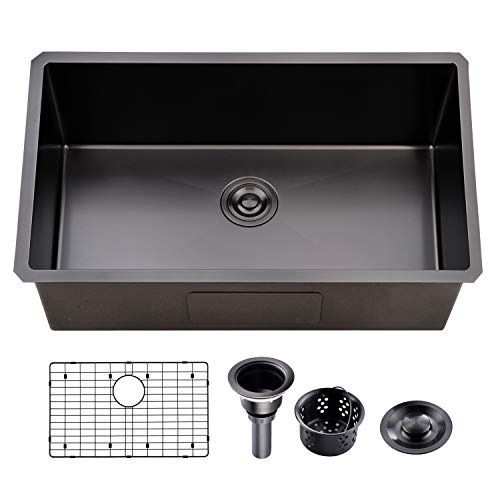 Ufaucet Commercial 32 Inch Extremely Durable Black Nano Titanium Plating T304 Stainless Steel Kitchen Sink,16 Gauge Undermount Single Bowl Handmade R10 Kitchen Sinks Includes Drain and Grid - Thumbnail 6