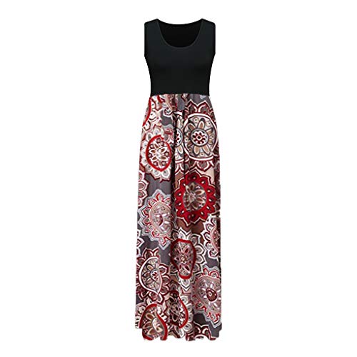 Womens Long Maxi Dress, Striped Straight Sleeveless Tank Party Floral Casual Summer Party Dress (M, Red 2)