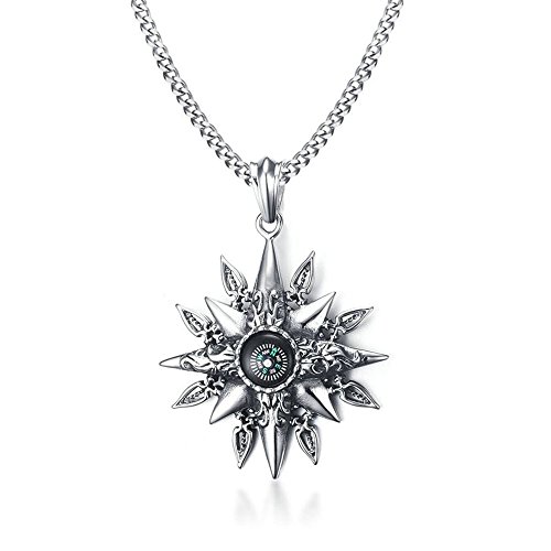 Onefeart Stainless Steel Pendant Necklace for Men Compass Pendant With Chain 61x54MM Silver Black