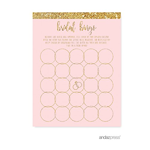 Andaz Press Blush Pink Gold Glitter Print Wedding Collection, Bridal Shower Bingo Game Cards, 20-Pack