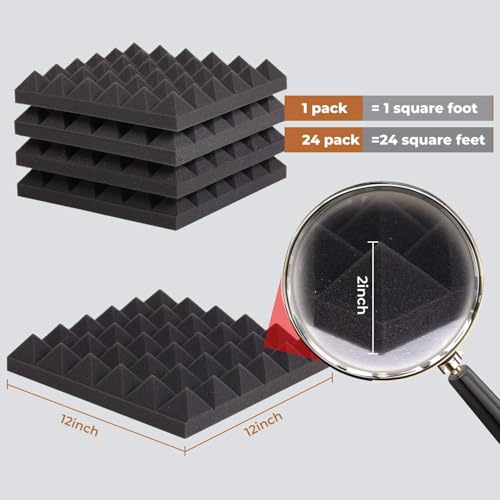 24 Pack Black 12 x 12 x 2 Inches Pyramid Designed Acoustic Foam Panels, Sound Proof Foam Panels for Walls, High Density and Flame-Retardant Acoustic Panels, Sound Panels for Recording and Home Studio