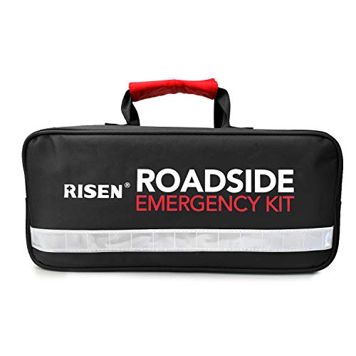 RISEN Premium Roadside Assistance Car Emergency Kit + Bonus First Aid Kit - Auto Safety Kit Contains Jumper Cables, Warning Triangle, Tow Rope, Screw Kit (63 Pcs/Pack)