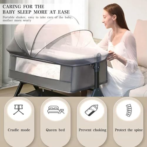 DMG TECH Crib, Bedside Sleeper Bedside Crib, Multifunctional 4-In-1 with Breathable Net, With Diaper Table, Mosquito Net, Mattress, Storage Basket Easy Folding Portable Crib For Newborn Baby