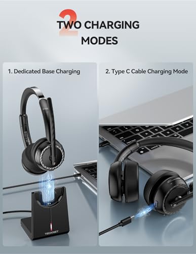 TECKNET Wireless Headset, Bluetooth Headset with AI Noise Cancelling Microphone, USB Dongle &Charging Dock Included,Headsets with Microphone Suitable for Phones/Computers/Trucker/Call Center