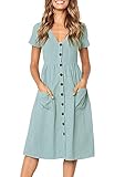 Yidarton Women's Summer Short Sleeve V Neck Button Down Causal Plain Swing Midi Dress with Pockets