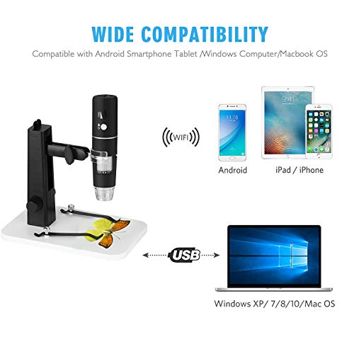 WiFi Microscope, VSATEN 50x to 1000x Wireless Digital Handheld Zoom Magnification Endoscope 1080P FHD 2.0 MP 8 LED Compatible with Android and iOS Smartphone or Tablet, Windows Mac PC Computer