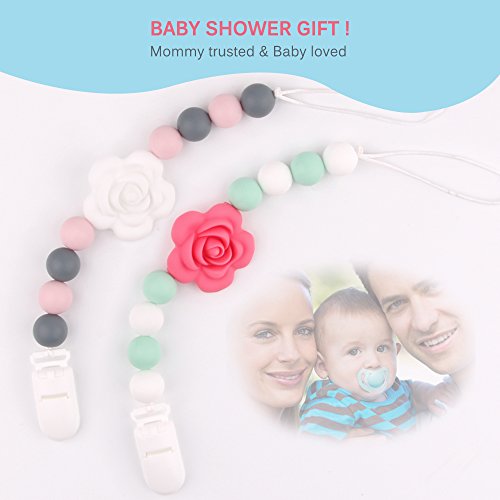 TYRY.HU Pacifier Clips Silicone Teething Beads BPA Free Binky Holder for Girls, Boys, Baby Shower Gift, Teether Toys, Soothie, Mam, Drool Bibs, Set of 2 ( Pink, White Roses )