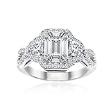 Mia Sarine Emerald Cut Cubic Zirconia Womens Royal Princess Style Royal Princess Style Engagement Ring in Rhodium over Sterling Silver, Size 7