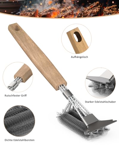 HAZENS Grill Brush with Wooden Handle, Cleaning Brush, Stainless Steel Scraper, Dense Stainless Steel Bristles, 39 cm Extra Long Wooden Handle, for Gas Grill, Charcoal Grill, Kettle Grill, Electric