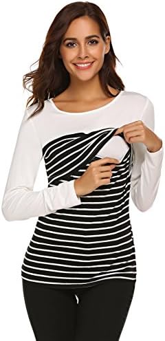 SUNAELIA Women's Summer Nursing &amp; Maternity Striped Long Sleeve Shirt Tops White Medium