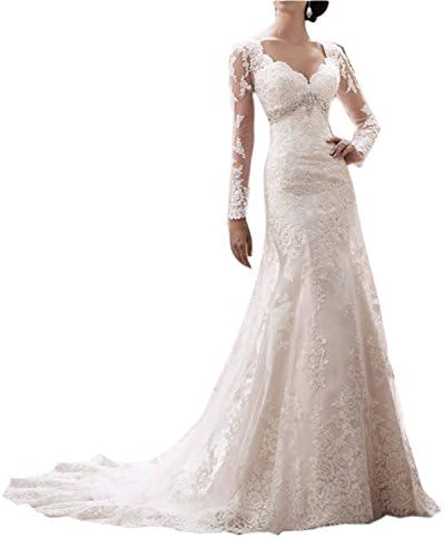 Meledy Women's V-Neck 2017 Long Sleeves Full Back Mermaid Wedding Dress Lace Formal Church Bridal Gowns White US10