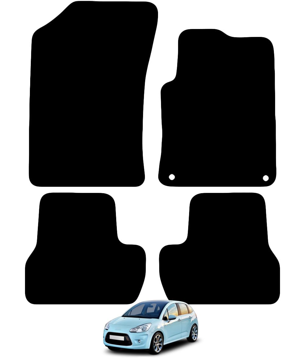 Carsio Carpet Car Mats For Citroen C3 2010 to 2016 4 Piece Set with 4 Clips Tailored Fit Floor Mat Complete Accessory Black Custom Fitted - All Weather, Anti-Slip Backing & Black Trim