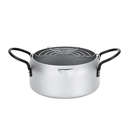 Tempura Fryer Pot, Mini Deep Fry Pan with Drainer Mini Deep frying pan with oil frying pan 8 IN silvery