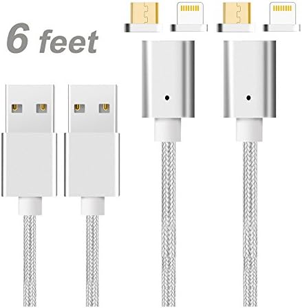 Animoeco 4th generation Magnetic Charger Cable Nylon Braid Charging &amp; Data Transfer 6 Feet for Smart Phone and Tablets android Micro-USB and iPhone Product  (silver-2 pack)
