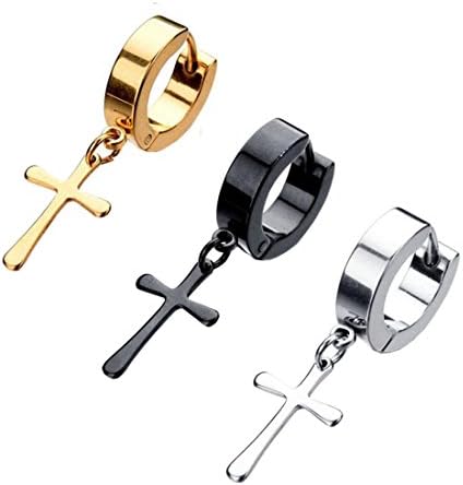 Stainless Steel Cross Dangle Hinged Hoop Earrings for Men Women 3 Pairs