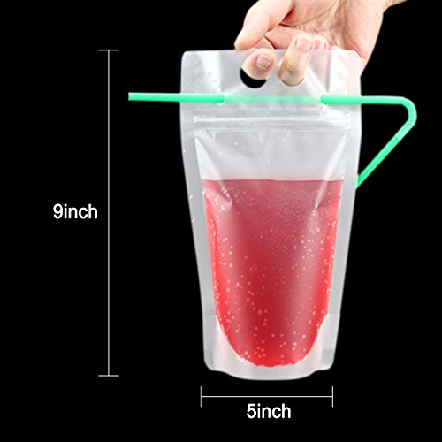 CIEHER 50 Pack Drink Pouches with Straws Plastic Handheld Translucent Drink Container Zipper Drink Bags Reclosable Stand-up Drink Bags Drinkware 5.2" x 9.1"