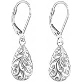Sterling Silver Filigree Drop Leverback Earring with Dangle Teardrop Waterdrop Shape