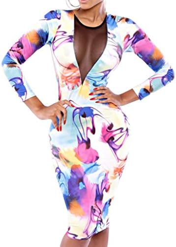 Romanse Women's V Neck Mesh Insert Print Party Prom Bodycon Midi Dress S