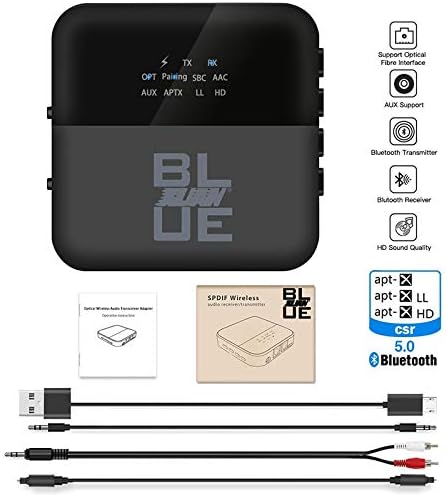 Bluetooth 5.0 Transmitter Receiver - Wirless 2-in-1 aptX HD Low Latency Bluetooth Audio 3.5mm & Optical Adapter for TV Home/Car Stereo System