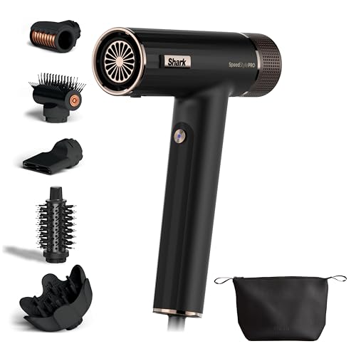 Shark SpeedStyle Pro Haartrockner, hohe Leistung & Power für alle Haartypen mit Kopfhautschutz und 5 Aufsätzen, leicht, Keine Hitzeschäden, Faltbarer