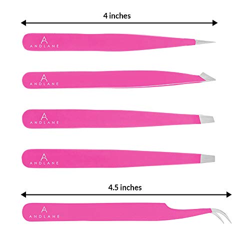 Andlane Tweezers Set - Professional Stainless Steel 5-Piece Precision Tweezer for Men & Women - Great for Facial Hair Removal, Eyebrow Shaping, Splinters & Ingrown (Pink) - Thumbnail 2