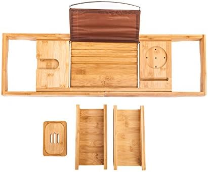 Crazyworld Wood Color Bathtub Rack 100% Natural Premium Bamboo Extendable Tray Extending Sides Book Phone Holder Portable and Flexible.