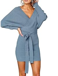 YeMgSip Vestido de suéter para mujer, sexy y profundo cuello en V, espalda sin espalda, mangas largas, mini vestido de cuerpo con cinturón