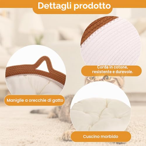 Zocipro Cotton Rope Cat Bed with Cushion, 46 x 46 x 16 cm, Large Round Washable Bed with Ball Toy in Cotton Rope
