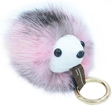 eShion Real Mink Fur Lucky Hedgehog with Gold Plated Keychain for Handbag Ornament(Pink)