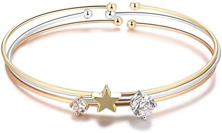 Tri-tone 3 pcs star Open Cuff Bracelet Stackable Bangle Women - One size fits most