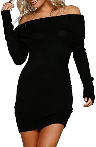 Women's Long Sleeve Casual Off Shoulder Knitted Sweater Sexy Dress (Black)