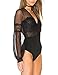 ASMAX HaoDuoYi Womens Lingerie Lace Mesh Long Sleeve Sheer V Neck Leotard Bodysuit Black