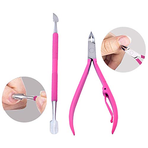 Andlane Cuticle Nipper and Cuticle Pusher - Professional Stainless Steel Cuticle Trimmer, Remover and Cutter - Manicure and Pedicure Tool (Pink)