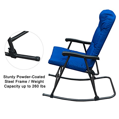 SunLife Outdoor Foldable Modern Rocking Chair Set, Patio/Backyard / Camping Lounge Rockers with Blue Padded Cushions, Set of 2 - Thumbnail 5