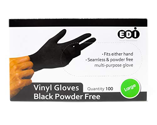 EDI Black Powder Free Vinyl Disposable Plastic Gloves [100 Pack] - Large