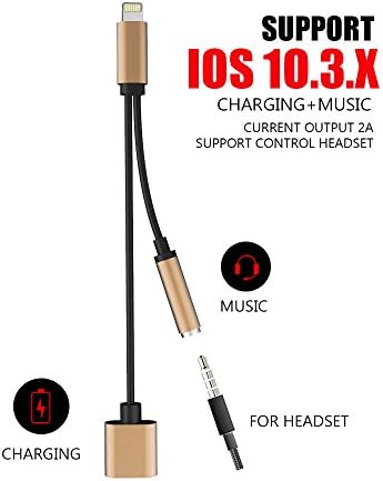 Jiaguoe Support iOS 10.3.2 - Lightning to 3.5mm Audio Adapter, Jiaguoe 2A 2 in 1 Lightning Charger and 3.5mm Earphones Jack Cable for Apple iPhone 7 7 Plus 6S 6 iPod iPad (Gold)